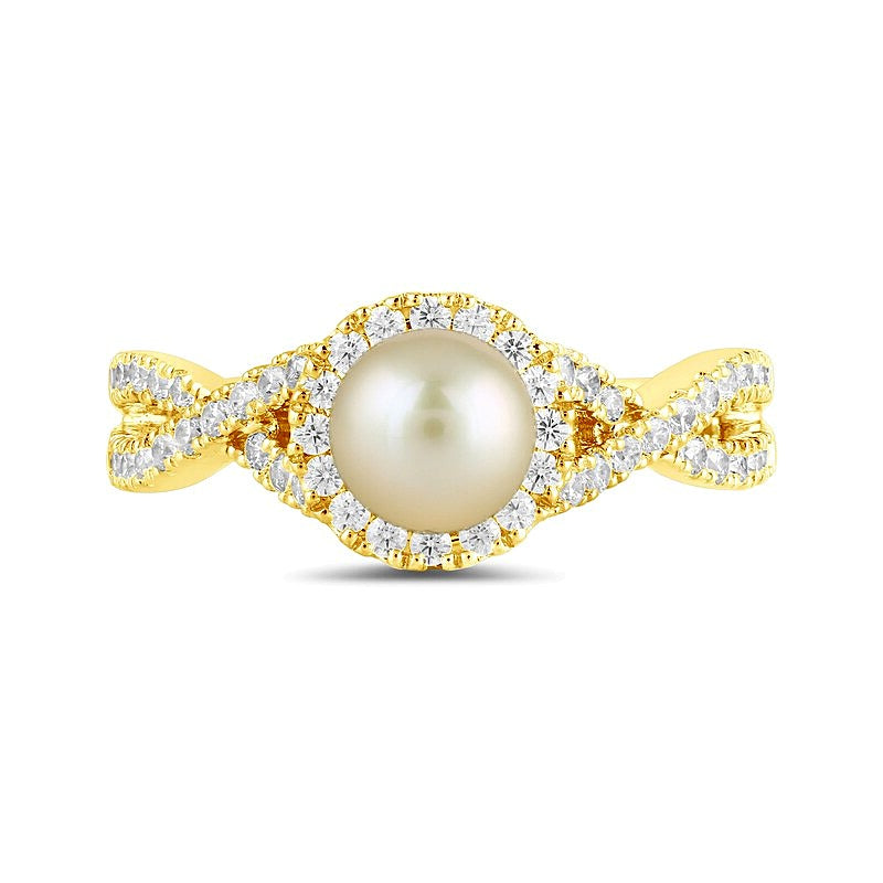 6.0mm Pink Freshwater Cultured Pearl and 0.5 CT. TW Lab-Grown Diamond Frame Crossover Shank Ring in 14K Gold