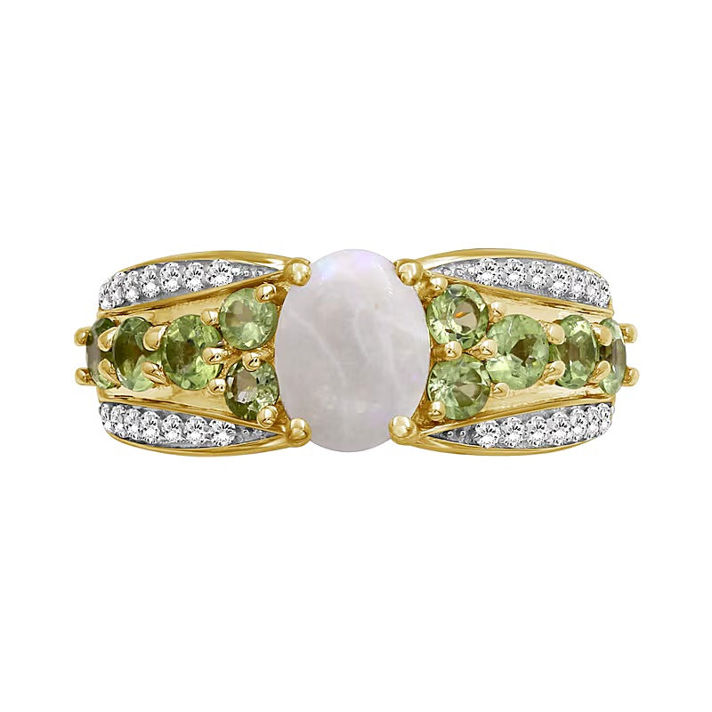 Oval Opal and Peridot with White Lab-Created Zircon Triple Row Tapered Shank Ring in Sterling Silver with 14K Gold Plate