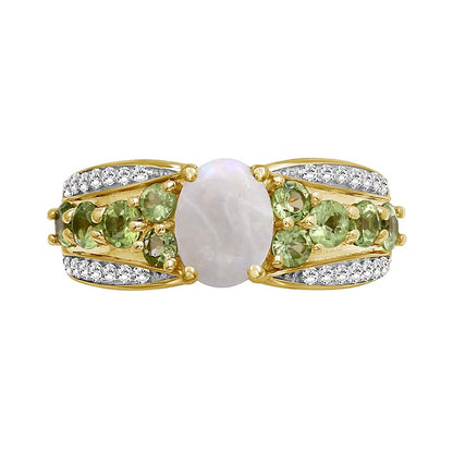 Oval Opal and Peridot with White Lab-Created Zircon Triple Row Tapered Shank Ring in Sterling Silver with 14K Gold Plate