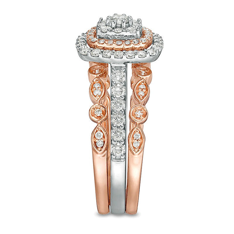 0.88 CT. TW Composite Diamond Double Cushion Frame Art Deco Vintage-Style Three Piece Bridal Set in 14K Two-Tone Gold