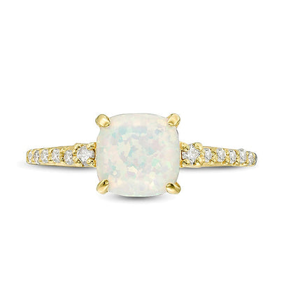 7.0mm Cushion-Shaped Lab-Created Opal and 0.13 CT. TW Diamond Engagement Ring in 10K Gold