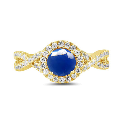 6.0mm Blue Sapphire and 0.5 CT. TW Lab-Grown Diamond Frame Crossover Shank Ring in 14K Gold