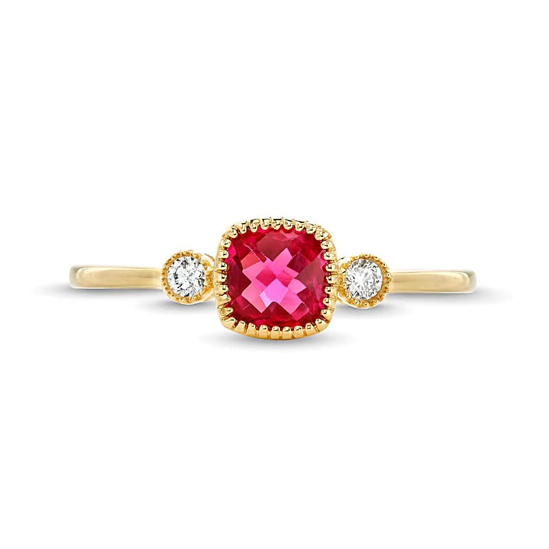 5.0mm Cushion-Shaped Lab-Created Ruby and 0.05 CT. TW Diamond Vintage-Style Ring in 10K Gold