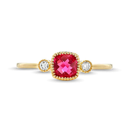 5.0mm Cushion-Shaped Lab-Created Ruby and 0.05 CT. TW Diamond Vintage-Style Ring in 10K Gold