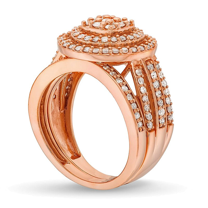 1.0 CT. TW Cushion Multi-Diamond Triple Row Split Shank Bridal Set in 10K Rose Gold