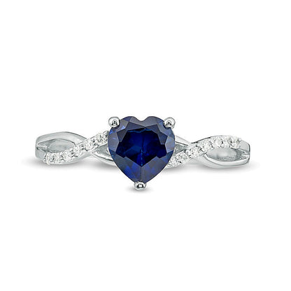 6.0mm Heart-Shaped Lab-Created Blue Sapphire and 0.05 CT. TW Diamond Twist Shank Ring in 10K White Gold