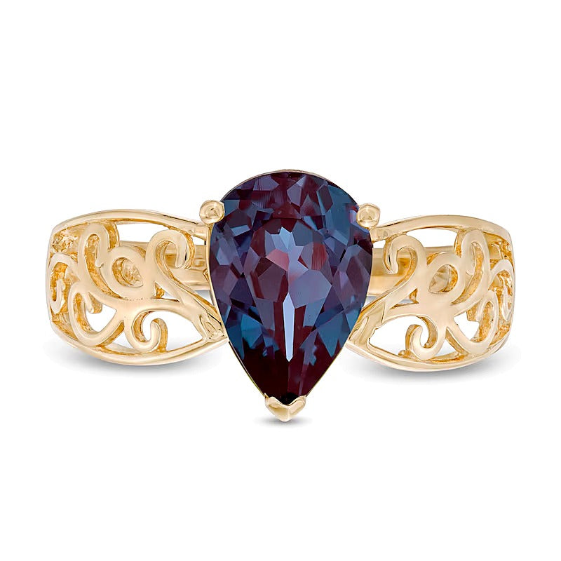 Pear-Shaped Lab-Created Alexandrite Wide Filigree Ring in 10K Gold