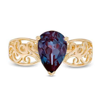 Pear-Shaped Lab-Created Alexandrite Wide Filigree Ring in 10K Gold
