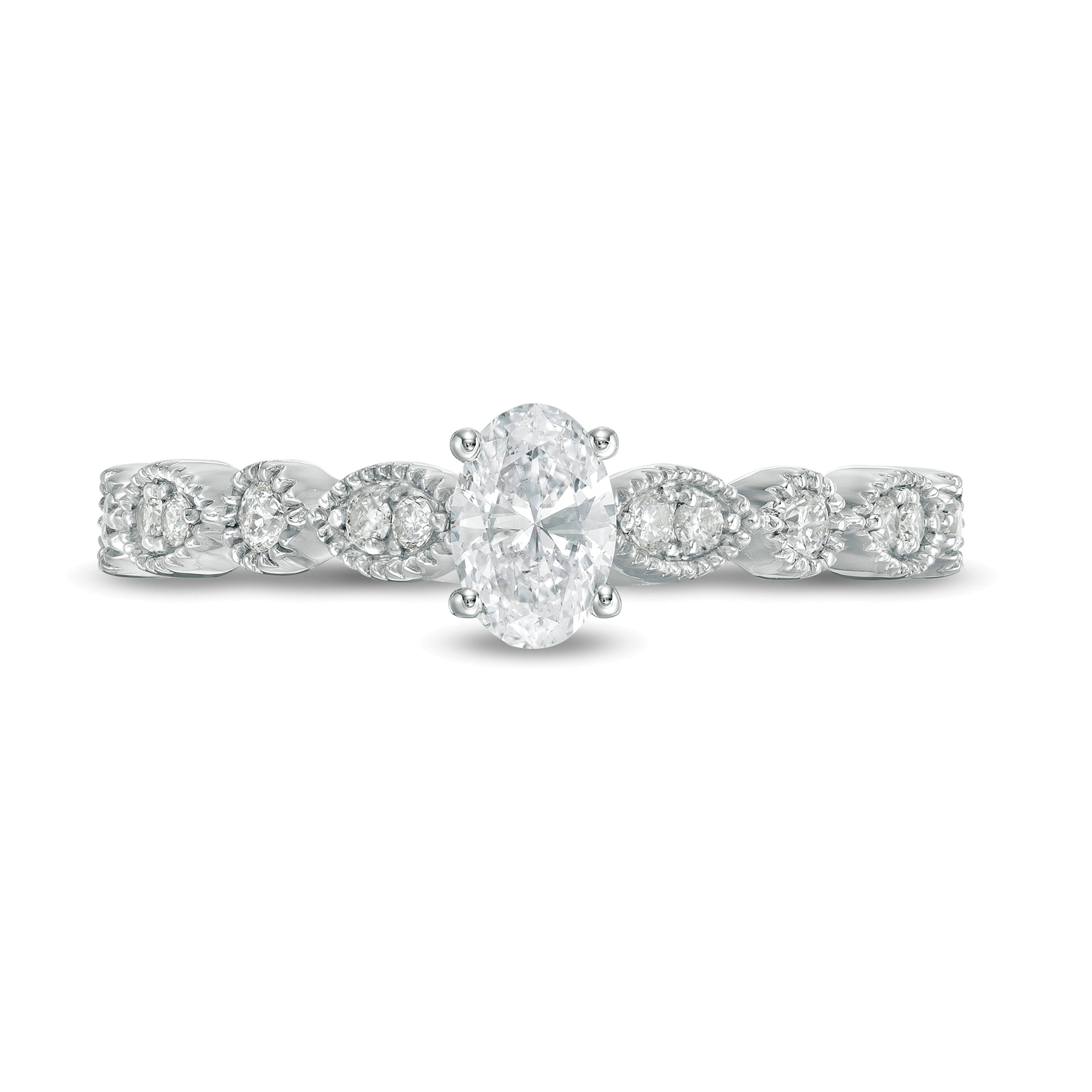 0.5 CT. TW Oval Diamond with Marquise Shapes Vintage-Style Engagement Ring in 10K White Gold