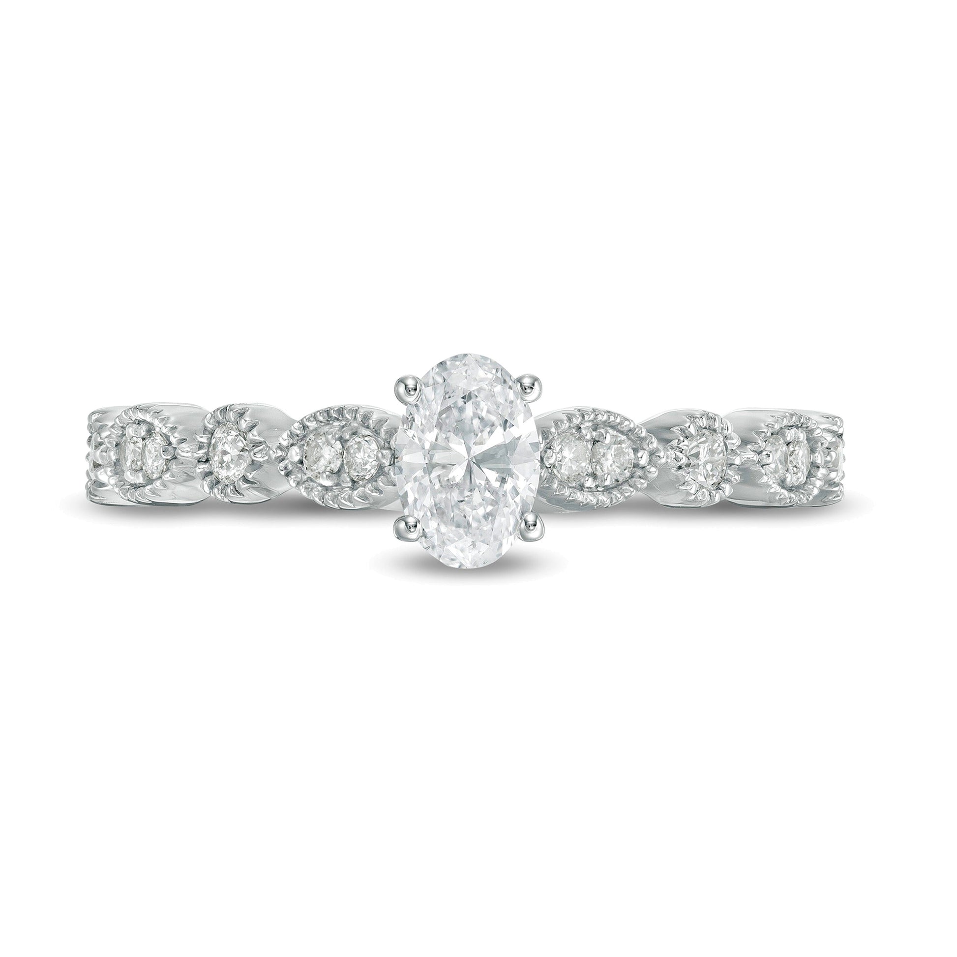 0.5 CT. TW Oval Diamond with Marquise Shapes Vintage-Style Engagement Ring in 10K White Gold