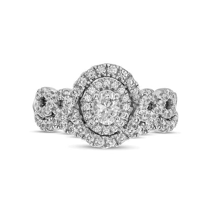 1.0 CT. TW Oval Diamond Double Frame Twist Shank Bridal Set in 14K White Gold
