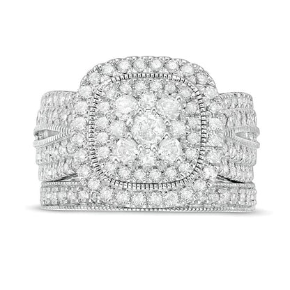 1.33 CT. TW Multi-Diamond Cushion Frame Vintage-Style Bridal Set in 10K White Gold