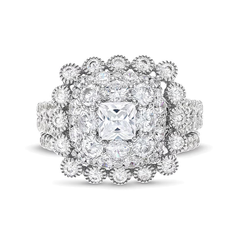2.75 CT. TW Cushion Multi-Diamond Bubble Frame Vintage-Style Bridal Set in 10K White Gold