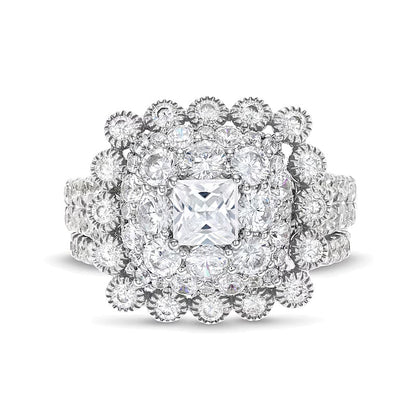 2.75 CT. TW Cushion Multi-Diamond Bubble Frame Vintage-Style Bridal Set in 10K White Gold