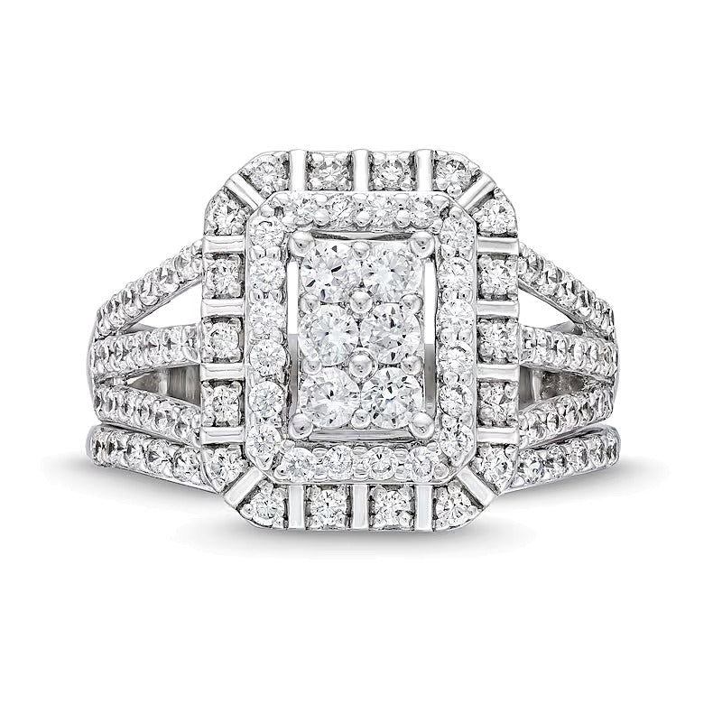 1.0 CT. TW Emerald Multi-Diamond Triple Row Split Shank Bridal Set in 10K White Gold