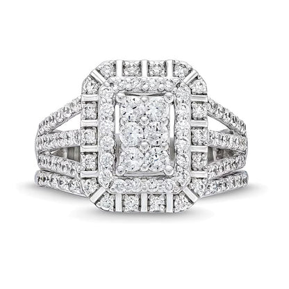 1.0 CT. TW Emerald Multi-Diamond Triple Row Split Shank Bridal Set in 10K White Gold