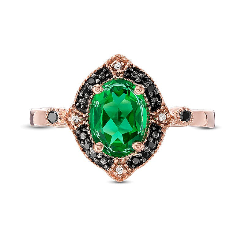 Oval Lab-Created Emerald and 0.07 CT. TW Enhanced Black and White Diamond Vintage-Style Ring in 10K Rose Gold