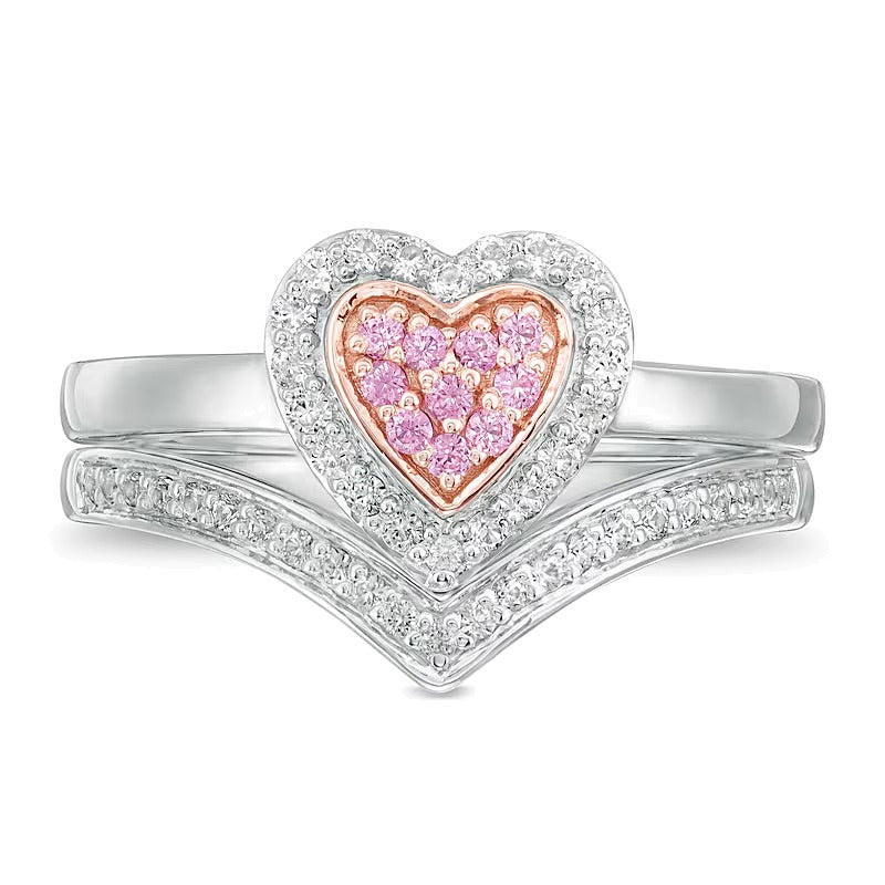 Composite Lab-Created Pink and White Sapphire Heart Frame Bridal Set in Sterling Silver and 10K Rose Gold