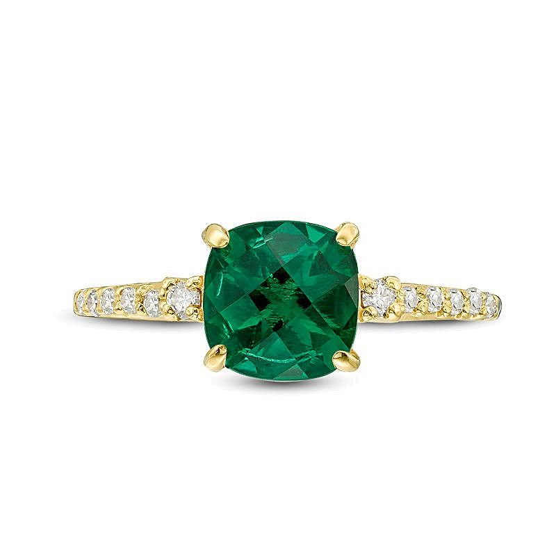 7.0mm Cushion-Shaped Lab-Created Emerald and 0.13 CT. TW Diamond Engagement Ring in 10K Gold
