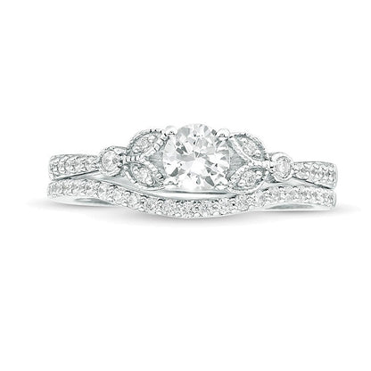 4.5mm Lab-Created White Sapphire and 0.17 CT. TW Diamond Leaf-Sides Vintage-Style Bridal Set in Sterling Silver