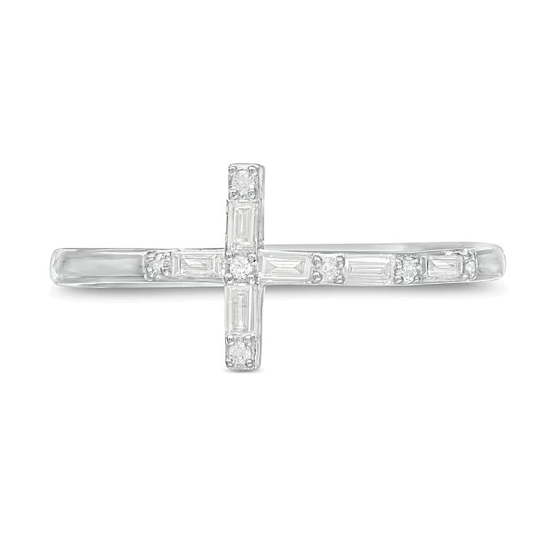 0.17 CT. TW Baguette and Round Diamond Sideways Cross Ring in 10K White Gold