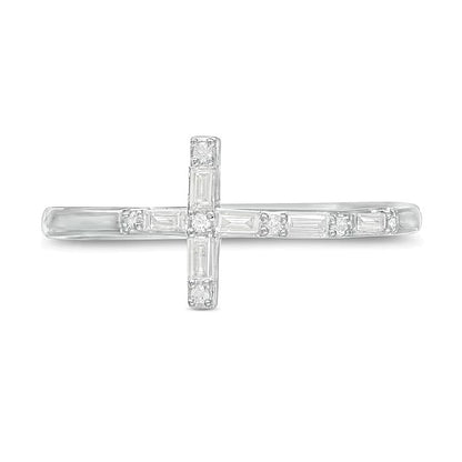0.17 CT. TW Baguette and Round Diamond Sideways Cross Ring in 10K White Gold