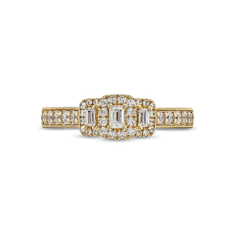 0.5 CT. TW Emerald and Baguette-Cut Diamond Frame Past Present FutureÂ® Engagement Ring in 14K Gold