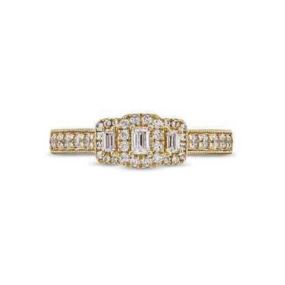 0.5 CT. TW Emerald and Baguette-Cut Diamond Frame Past Present FutureÂ® Engagement Ring in 14K Gold