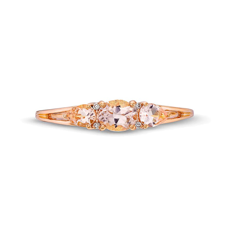 Oval and Pear-Shaped Morganite with Diamond Accent Three Stone Ring in 10K Rose Gold