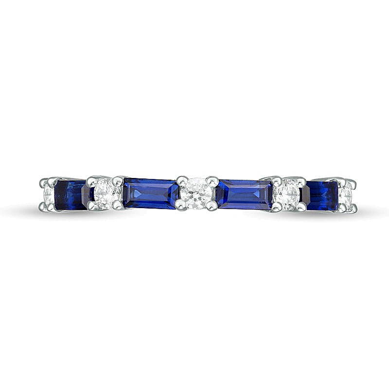 Baguette Lab-Created Blue Sapphire and 0.2 CT. TW Diamond Alternating Four Stone Ring in 10K White Gold