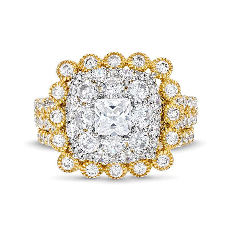 2.75 CT. TW Cushion Multi-Diamond Bubble Frame Vintage-Style Bridal Set in 10K Gold