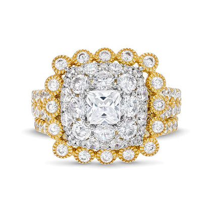 2.75 CT. TW Cushion Multi-Diamond Bubble Frame Vintage-Style Bridal Set in 10K Gold
