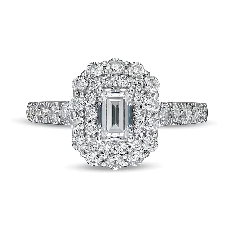1.5 CT. TW Emerald-Cut Diamond Double Scallop Frame Engagement Ring in 14K White Gold (I/SI2)