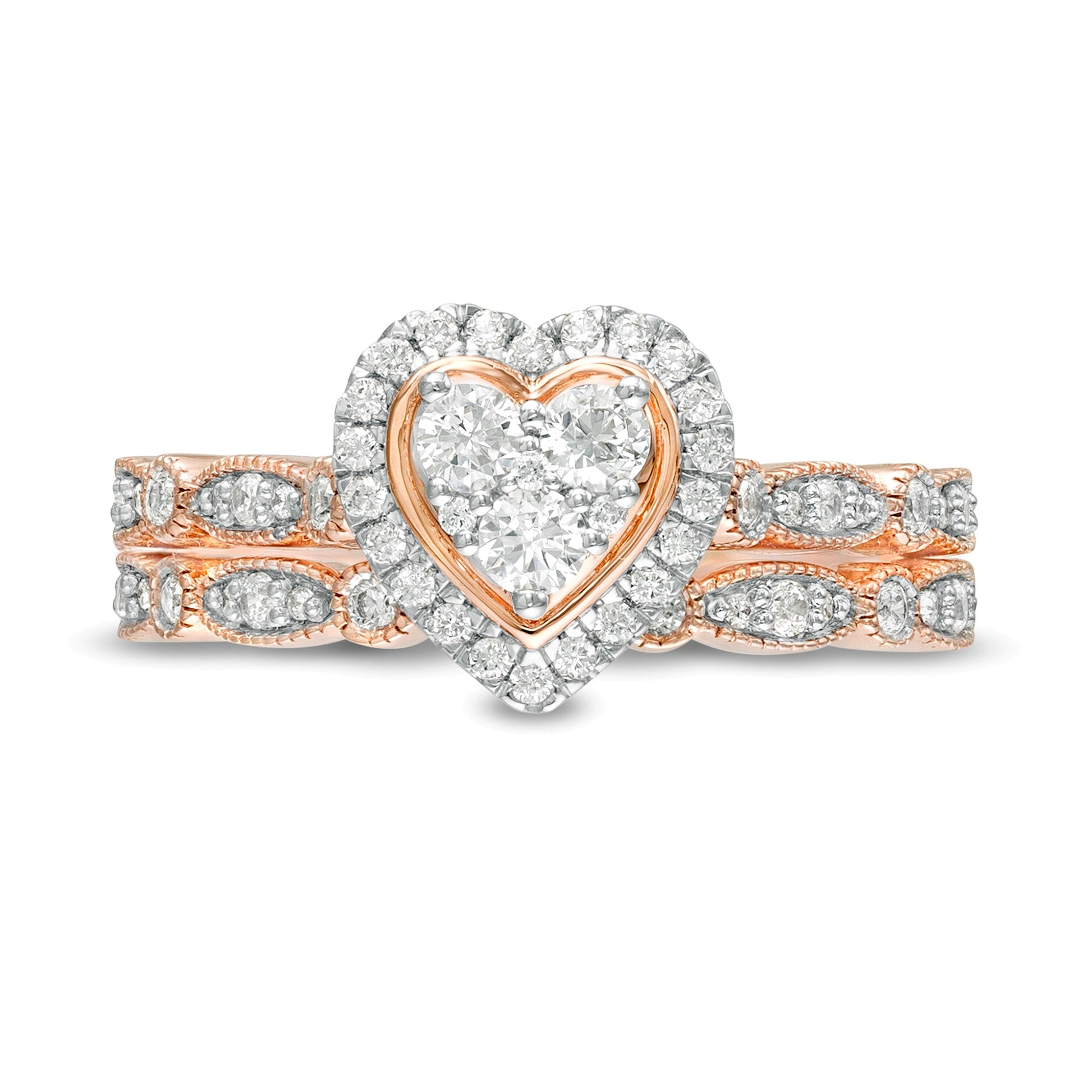 0.5 CT. TW Multi-Diamond Heart Frame Alternating Marquise Vintage-Style Bridal Set in 10K Rose Gold