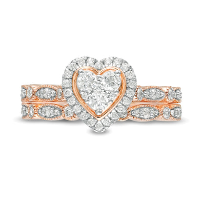 0.5 CT. TW Multi-Diamond Heart Frame Alternating Marquise Vintage-Style Bridal Set in 10K Rose Gold