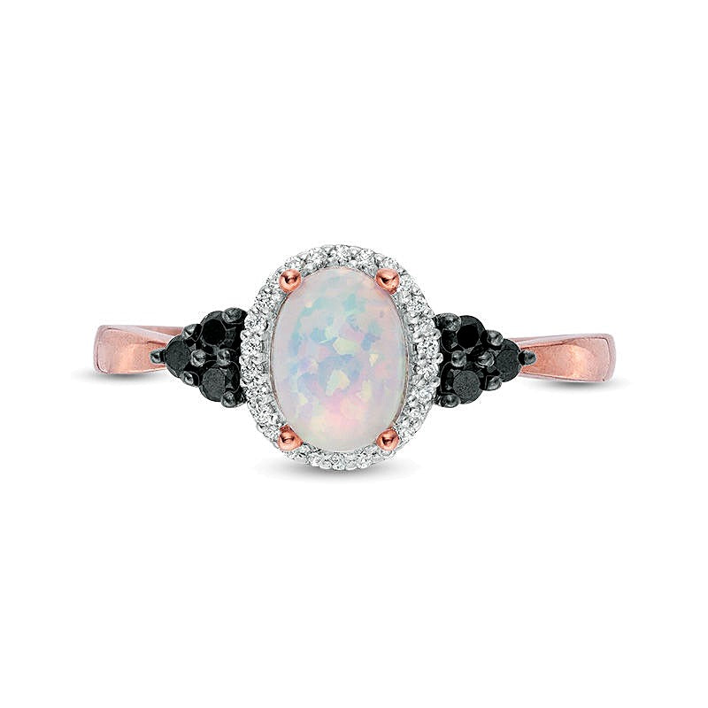 Oval Lab-Created Opal and 0.17 CT. TW Enhanced Black and White Diamond Frame Tri-Sides Ring in 10K Rose Gold