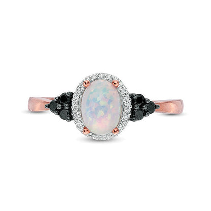 Oval Lab-Created Opal and 0.17 CT. TW Enhanced Black and White Diamond Frame Tri-Sides Ring in 10K Rose Gold