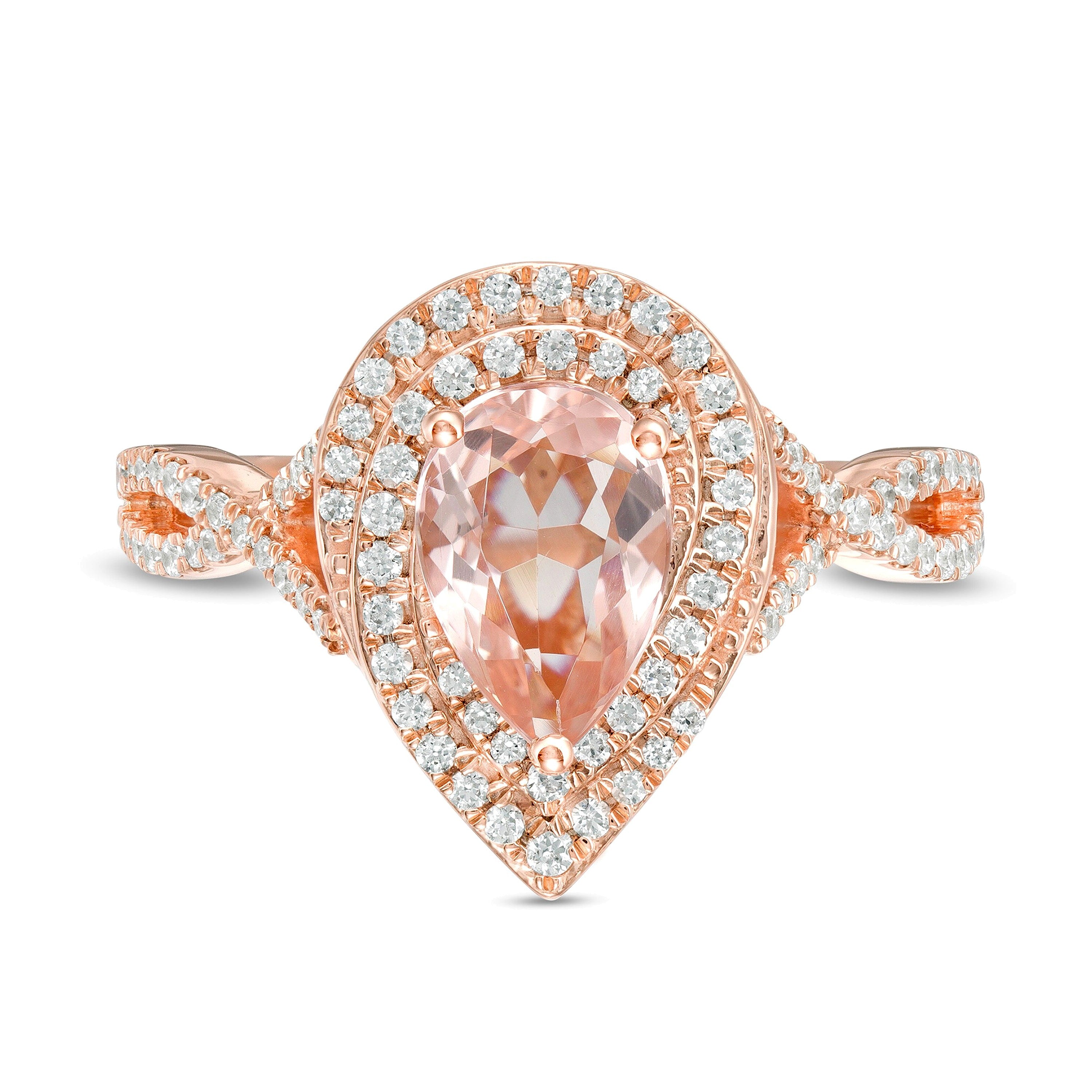 Pear-Shaped Morganite and 0.5 CT. TW Diamond Cascade Frame Crossover Shank Ring in 10K Rose Gold
