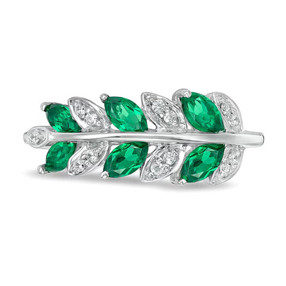 Marquise Lab-Created Emerald and 0.07 CT. TW Diamond Leaves Ring in Sterling Silver