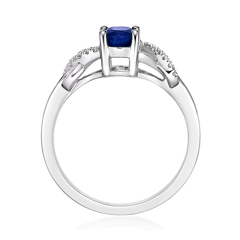 Oval Blue Sapphire and 0.17 CT. TW Diamond Crossover Split Shank Ring in 10K White Gold