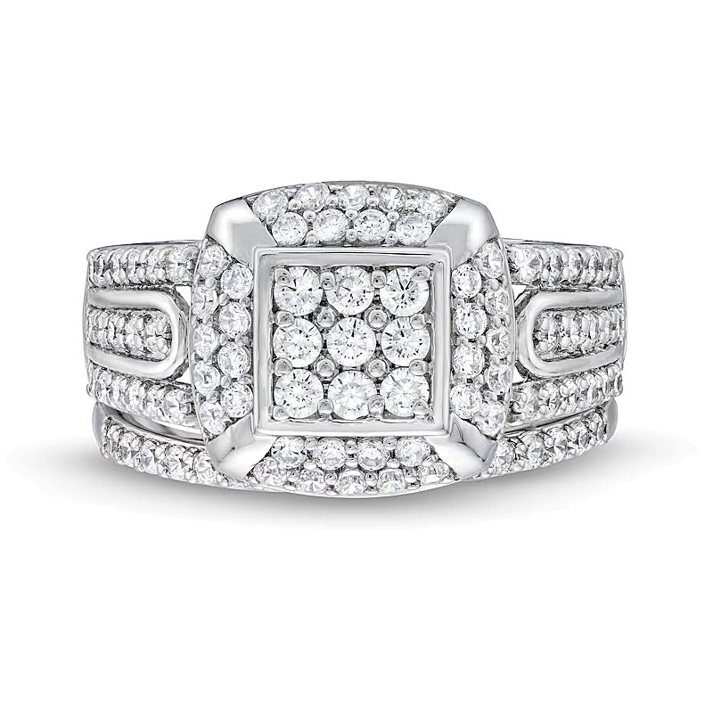 1.0 CT. TW Princess Multi-Diamond Cushion Frame Bridal Set in 10K White Gold