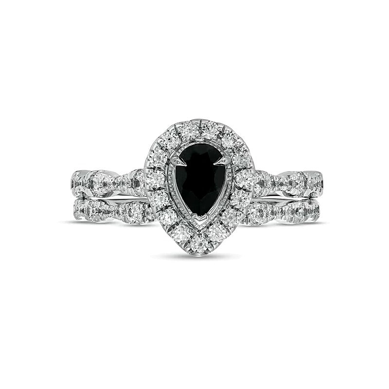 Pear-Shaped Black Sapphire and 0.75 CT. TW Diamond Frame Scallop Shank Vintage-Style Bridal Set in 10K White Gold