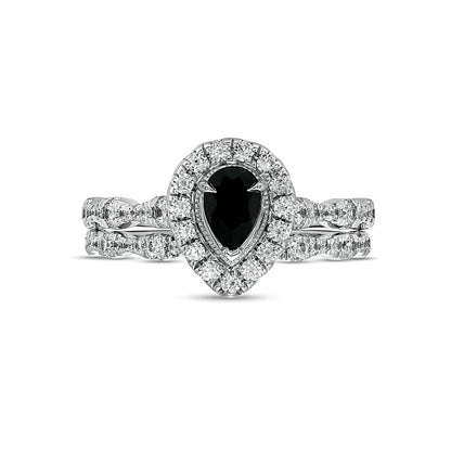 Pear-Shaped Black Sapphire and 0.75 CT. TW Diamond Frame Scallop Shank Vintage-Style Bridal Set in 10K White Gold