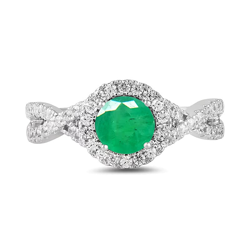 6.0mm Emerald and 0.5 CT. TW Lab-Grown Diamond Frame Crossover Shank Ring in 14K White Gold