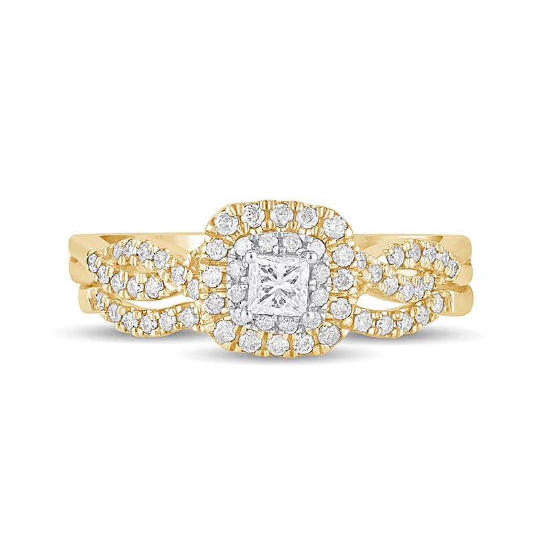 0.5 CT. TW Princess-Cut Diamond Double Cushion-Shaped Frame Multi-Row Bridal Set in 10K Gold