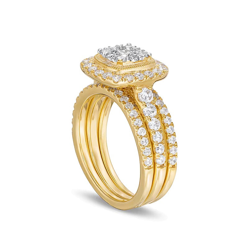 1.5 CT. TW Cushion Multi-Diamond Frame Three Piece Bridal Set in 10K Gold