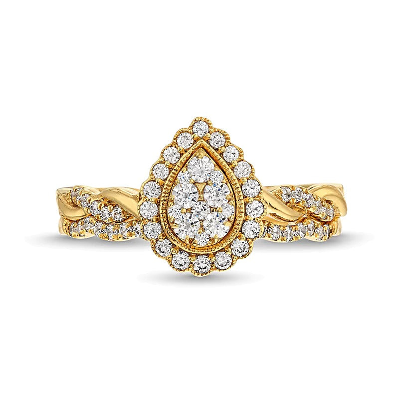 0.5 CT. TW Diamond Pear Frame Twist Shank Bridal Set Ring in 10K Gold