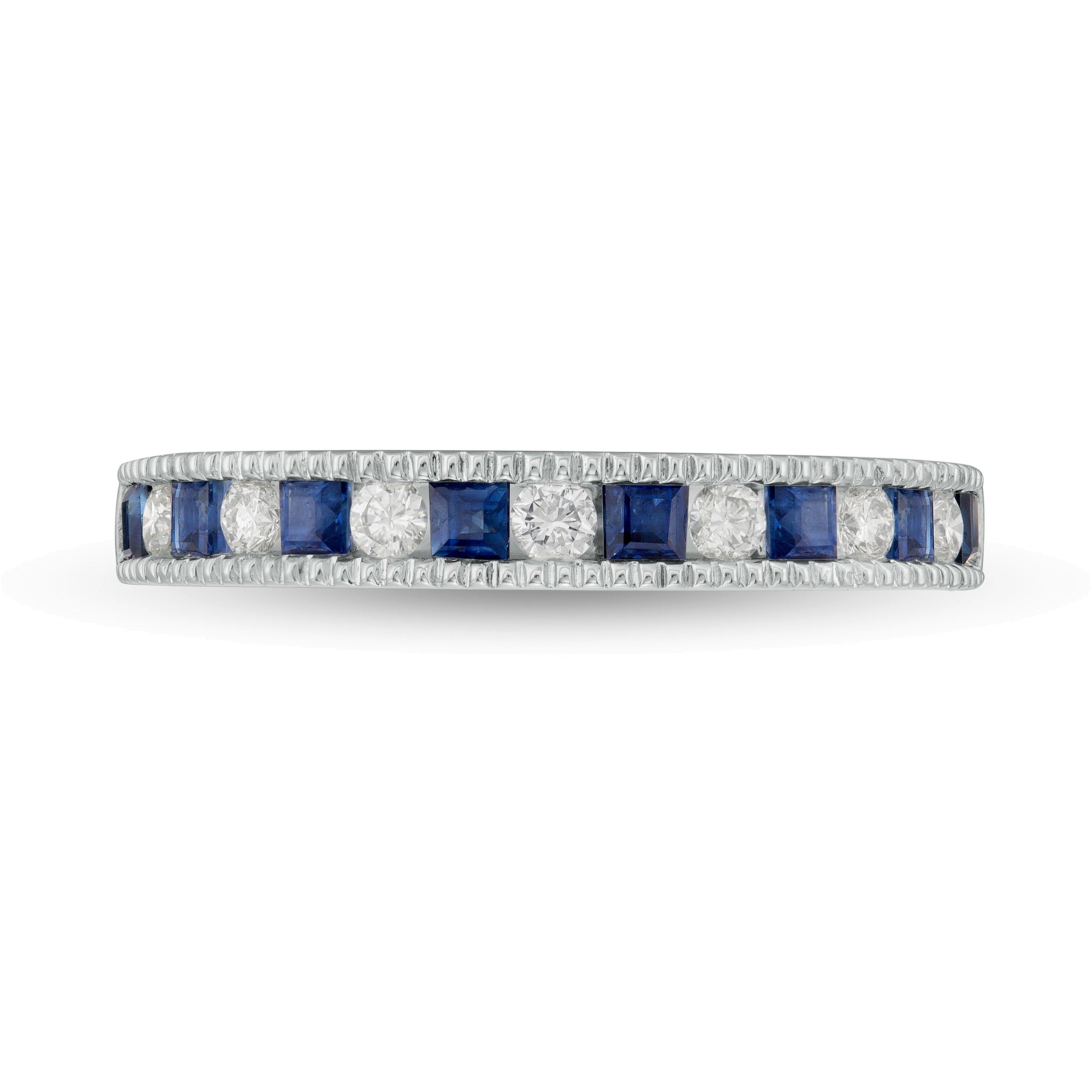 Princess-Cut Blue Sapphire and 0.2 CT. TW Diamond Milgrain Border Alternating Geometric Band in 14K White Gold