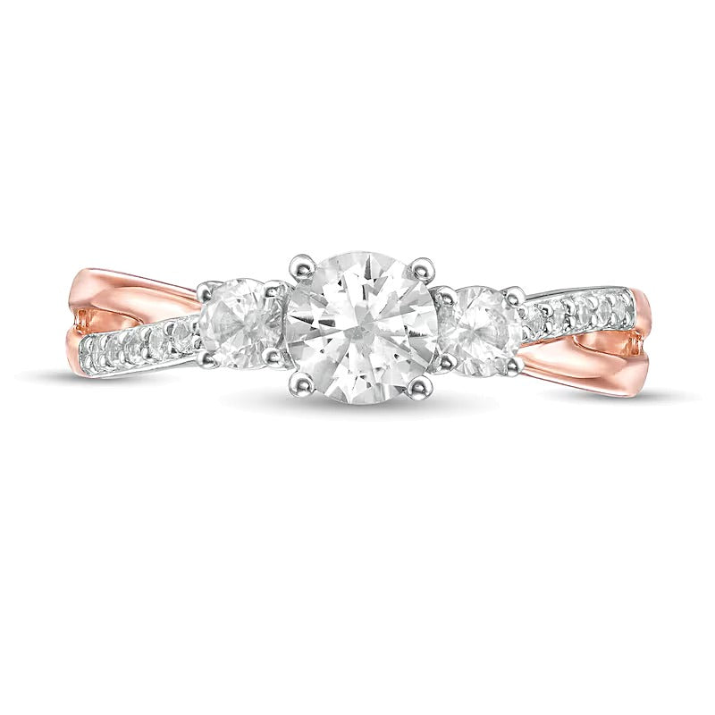 Lab-Created White Sapphire Three Stone Split Shank Ring in 10K Rose Gold