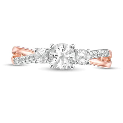 Lab-Created White Sapphire Three Stone Split Shank Ring in 10K Rose Gold